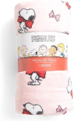 Peanuts VelvetLoft Throw Blanket, Pink with Red Bow and Butterflies, Soft Plush