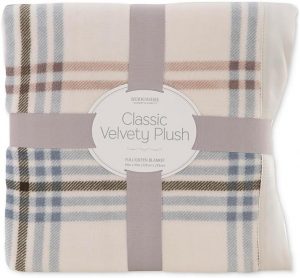 Berkshire Blanket  Classic Velvety Plush Queen Cream and Blue Plaid 90 x 90 Inches